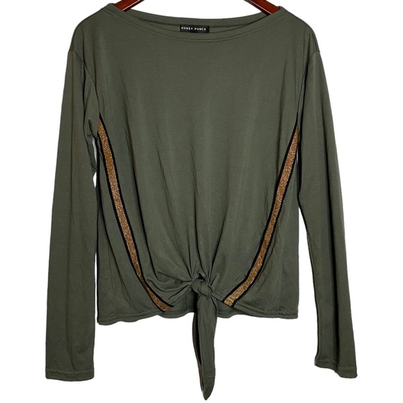 Honey Punch Front Tie BoatNeck Drop Shoulders Long Sleeves Metallic Stripes S - Picture 2 of 16